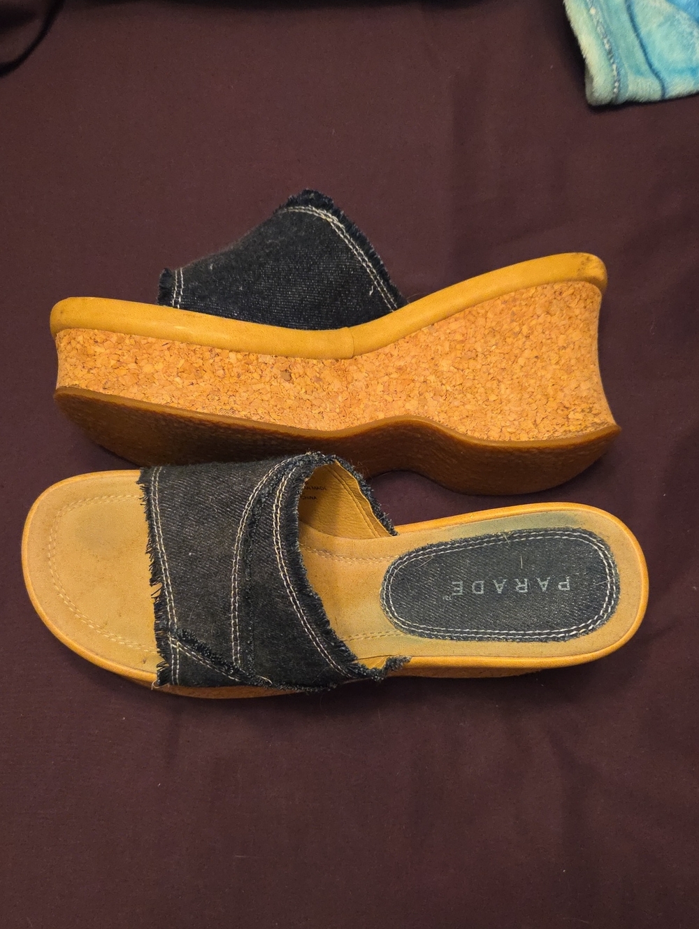 Denim Cork Wedge Slide Sandals in Black